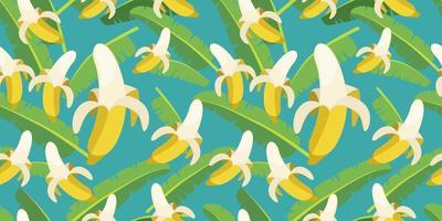 Seamless vector pattern of yellow bananas and Tropical banana leaf  randomly distributed isolated on dark background. Suits for Decorative Paper, Packaging, Covers, Gift Wrap, etc.