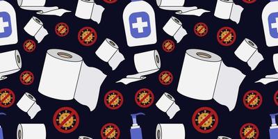 Seamless vector pattern of Hand wash dispenser bottle, Toilet Paper and stop virus sign isolated on dark blue background.