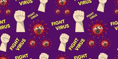 Seamless vector pattern of fight covid-19 corona virus isolated on dark background. Hands clenched with cute virus background wallpaper vector illustration.