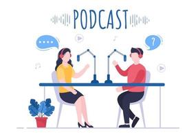 Ilustración de vector de fondo de podcast personas que usan auriculares para grabar audio, anfitrión entrevistando a invitado o programa en línea con equipo de grabación de sonido y concepto de micrófono