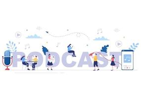 Ilustración de vector de fondo de podcast personas que usan auriculares para grabar audio, anfitrión entrevistando a invitado o programa en línea con equipo de grabación de sonido y concepto de micrófono