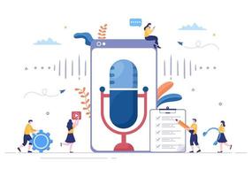 Podcast Background Vector illustration People Using Headset To Record Audio, Host Interviewing Guest or Online Show With Sound Recording Equipment and Microphone Concept