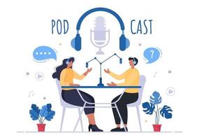 Podcast Background Vector illustration People Using Headset To Record Audio, Host Interviewing Guest or Online Show With Sound Recording Equipment and Microphone Concept