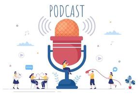 Ilustración de vector de fondo de podcast personas que usan auriculares para grabar audio, anfitrión entrevistando a invitado o programa en línea con equipo de grabación de sonido y concepto de micrófono