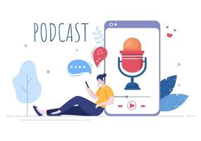 Podcast Background Vector illustration People Using Headset To Record Audio, Host Interviewing Guest or Online Show With Sound Recording Equipment and Microphone Concept