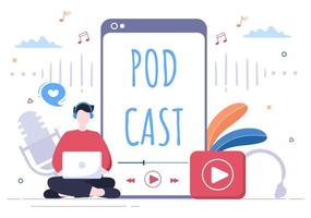 Podcast Background Vector illustration People Using Headset To Record Audio, Host Interviewing Guest or Online Show With Sound Recording Equipment and Microphone Concept