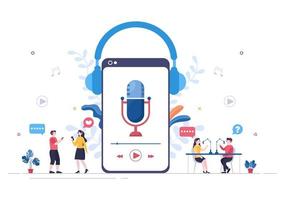 Podcast Background Vector illustration People Using Headset To Record Audio, Host Interviewing Guest or Online Show With Sound Recording Equipment and Microphone Concept