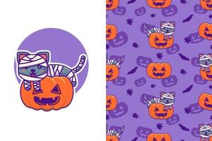 Cute mummy cat and pumpkin happy halloween with seamless pattern vector