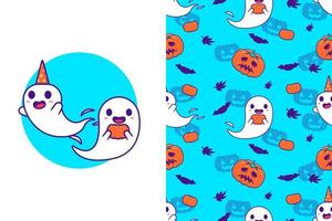 Cute ghost and pumpkin happy halloween with seamless pattern vector