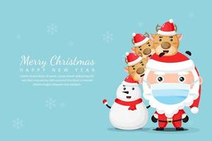 Merry christmas and new year greeting card with snowman and santa claus reindeer wearing medical masks vector