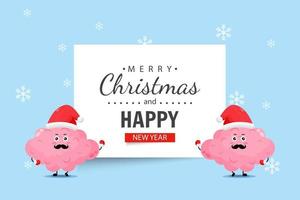 Cute brain character wishes you a Merry Christmas and Happy New Year vector