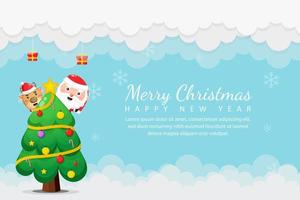 Merry Christmas and New Year with santa and christmas tree