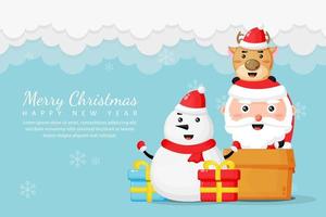 Merry christmas and happy new year greeting card with cute snowman and santa claus
