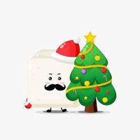 lindo personaje de tofu y árbol de navidad vector