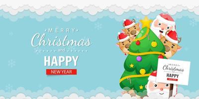 Merry christmas and happy new year greeting card with cute santa claus and deer vector