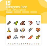 Allergens line color icons vector set. Isolated on white background. Allergens icon with lineal color style. Food allergens symbols emblems signs collection. Allergens and diet outline color icons set