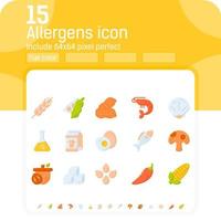 alérgenos iconos de color plano conjunto de vectores. aislado sobre fondo blanco. icono de alérgenos con estilo plano. colección de signos de emblemas de símbolos de alérgenos alimentarios. alérgenos y dieta conjunto de iconos de colores planos vector