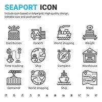 estilo de esquema de diseño de conjunto de iconos de puerto aislado sobre fondo blanco. Puerto marino de icono de vector, concepto de símbolo de signo logístico para la industria naviera, buques de carga, puerto marítimo, sitio web, interfaz de usuario y proyecto vector