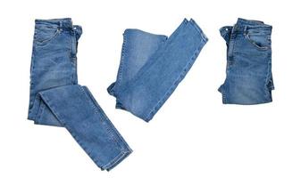 A set of blue denim jeans on a white background Isolated close up photo