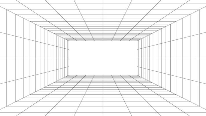 Futuristic digital hallway space blanks white color background with black grid space line color surfaces. Cyber, technology, banners, covers, terrain, sci-fi, frames, and related background.
