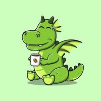 Little Dragon illustration vector holding coffee mug isolated on a green background.