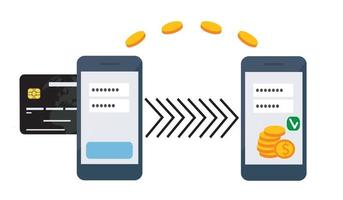 Transfer money by online internet banking all around the world flat vector illustration. Hands holding phones and sending and getting money by credit card on world map background