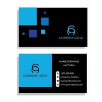 Black business card with scattered blue square shapes vector