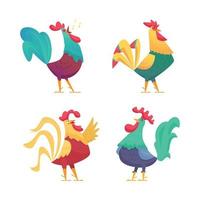 gallo de dibujos animados granja de pollos pájaros machos con plumas de colores vector