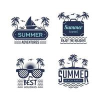 Summer travel logos retro tropical vacation badges symbols palm tree drinks beach tour island vector pictures collection