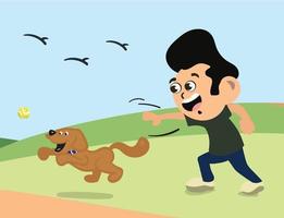 hombre jugando a buscar con perro mascota. lindo perro dueño paseando a un perro en el parque. vector