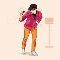 man in red with virtual reality device vector