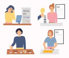 People who buy and sell glasses in an optician's shop. flat design style vector illustration.