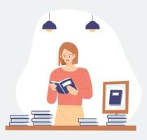 librería y gente. una mujer leyendo un libro en la sección de recomendación de libros. Ilustración de vector de estilo de diseño plano.