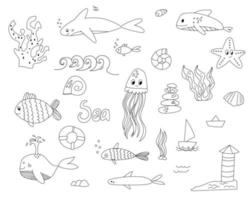 A large set of sea creatures and elements, icons. Marine theme drawn by contour, octopus, fish. a lifeline on the theme of the sea. Oceanic set for postcards, coloring books, stickers vector