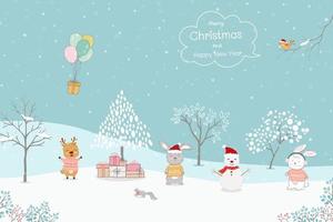 Merry Christmas and Happy new year greeting card with hand drawn cute animals send gift box by balloons on winter concept