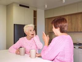 dos mujeres mayores con estilo en suéteres de color rosa sentados con tazas en la cocina moderna chismeando. amistad, hablar, chismes, relaciones, noticias, concepto de familia foto