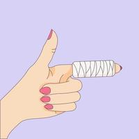 Broken finger in in a cast bandage, orthopedic gypsum, injury bone, vector illustration drawn in a flat style. Vector illustration.