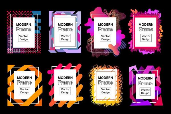 Modern vector frames set. Collection of vibrant rectangle art frames with fluid splash and geometric design elements. Abstract modern art borders, copy space for your text.