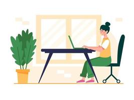 Working woman concept design. Girl sitting at the desk and working on the laptop computer. Flat vector illustration