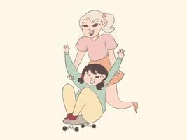 Two girl playing skateboard together, hand drawn style illustration vector