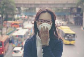 woman wearing protective mask in the city street photo