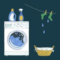 Illustration of a laundry room or service. Washing machine with detergents and a laundry basket. Vector image in the style of a flat laundry service. Vector illustration