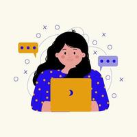 Illustration of a woman with a laptop. Customer support services in an online chat. A person with a computer. Concepts of support, customer assistance. Vector illustration