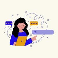 Customer support services. Illustration of a woman with a laptop in search. Support concepts and search, help and customer support. Vector illustration