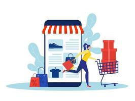 woman shop online store, promo purchase marketing flat vector illustration