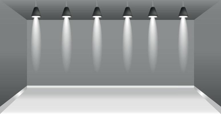 Realistic dark studio with spotlights lighting - Vector