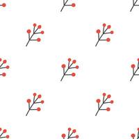 Twig with red berries on white background, simple vector seamless pattern in flat style