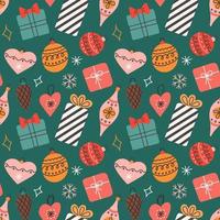 Gifts and Christmas tree toys with snowflakes on green background, vector seamless pattern in flat style