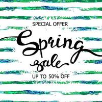 Vector colorido cartel venta de primavera con fondo abstracto de textura de acuarela a rayas. La ilustración se puede utilizar como tarjeta, volante, banner.