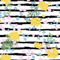 Vector seamless colorful pattern with illustration of blooming flowers on black and white striped background. Us itd for wallpaper, pattern fill, page, surface texture, textile print, wrapping paper